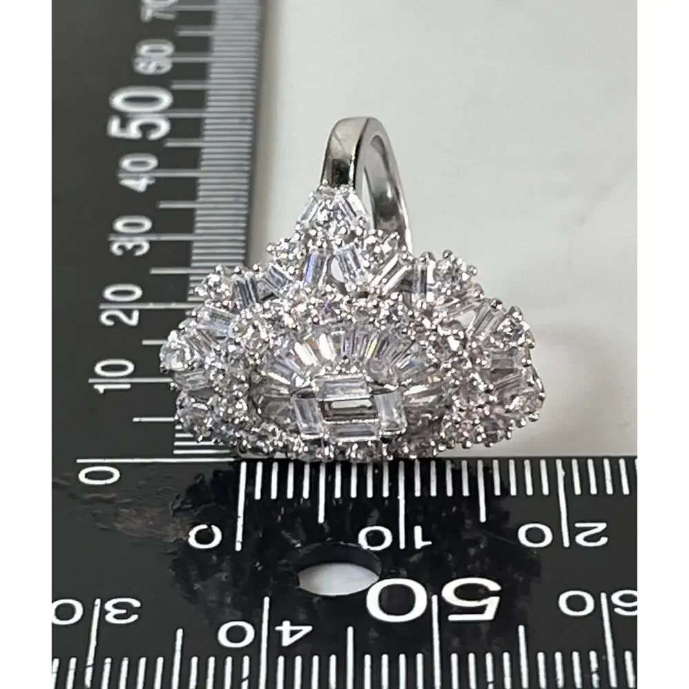 925 Sterling Silver CZ Baguette Cluster Statement Cocktail Ring Size 6.5
